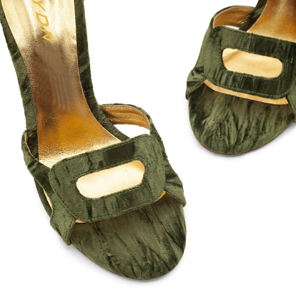 Green Velvet Open Round Toe High Heels Sandals with Ankle Strap