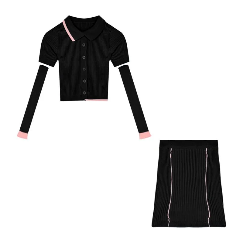T Shirt Slim Short Polo Neck Sweater Spring Summer Tops Tshirt  New Tight Short Sleeve Top Mini Skirt Two Piece Set V3BE