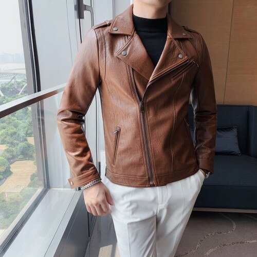 2025 Men Turn-lapel Pu Jacket Leather Coat Outside Spring And Autumn Street Trendy Men's Personality Simple Punk Fan Coat S-3XL