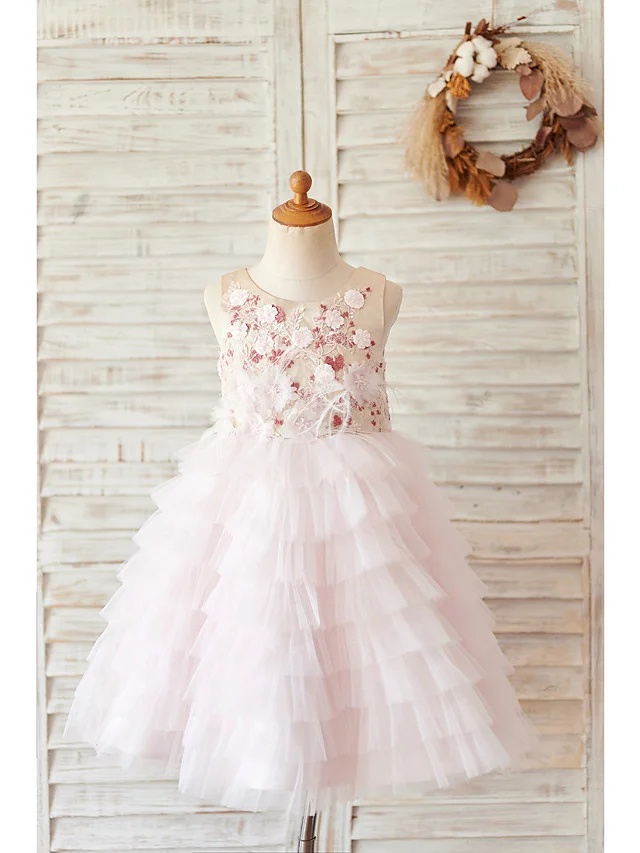 Daisda Sleeveless Jewel Ball Gown Knee Length Flower Girl Dress Satin Tulle With Feathers Fur  Beadings Embroidery