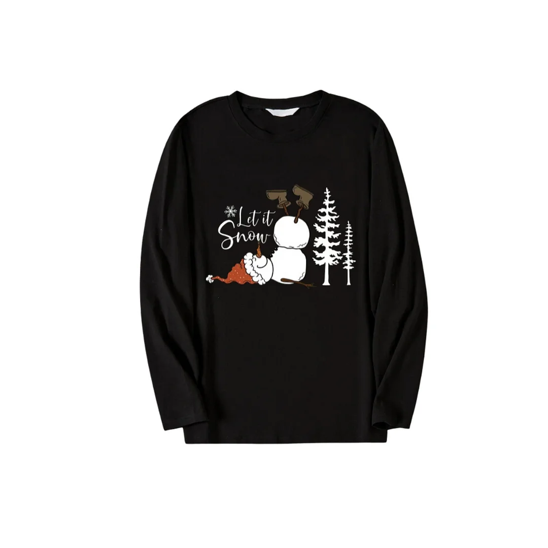 "Let it Snow" Snowman And Tree Pattern Black Long Sleeve Top