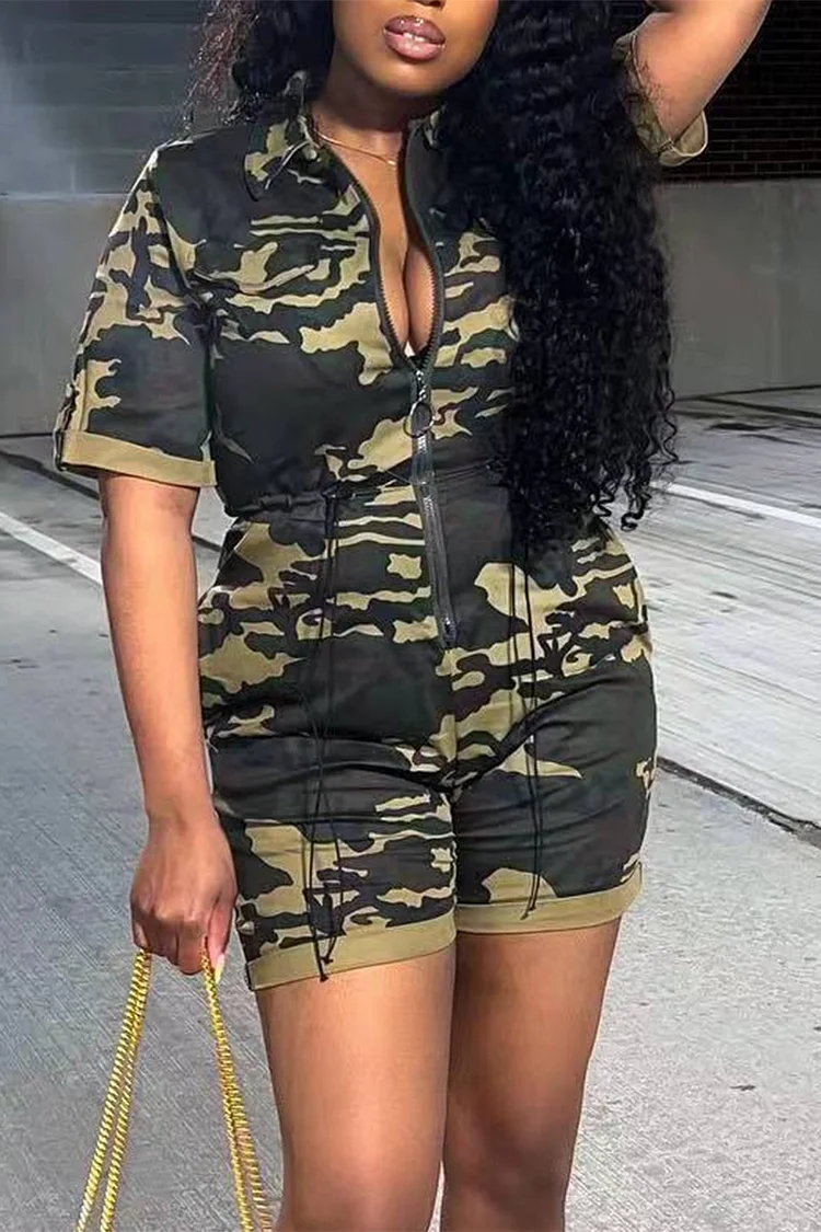 Plus Size Army Green Casual Camouflage Print Drawstring Pocket Rompers
