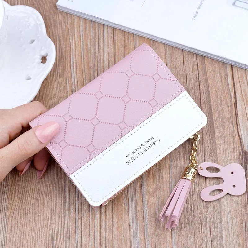 New Arrival Short Women Wallets Tassel Zipper Purse Patchwork Fashion Panelled Wallets Trendy Coin Purse Card Holder Leather