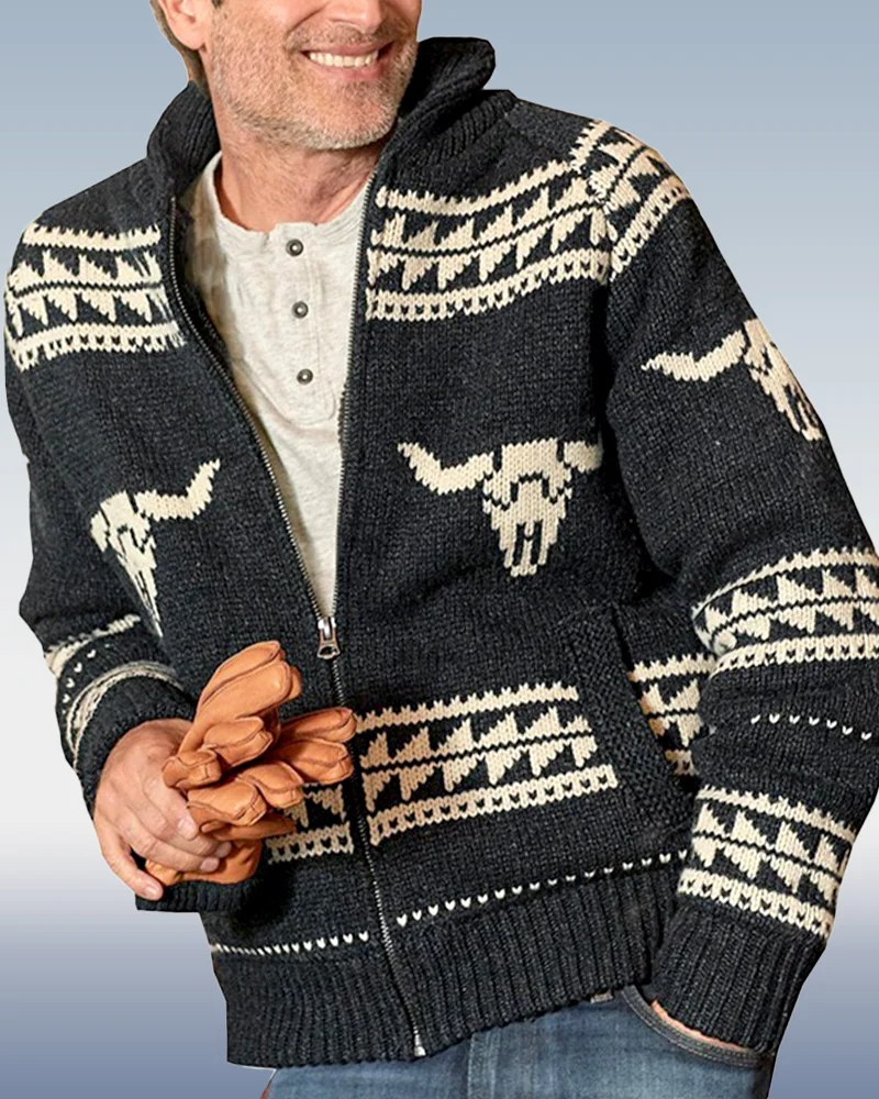 Men's Lapel Long Sleeve Bull Head Jacquard Sweater