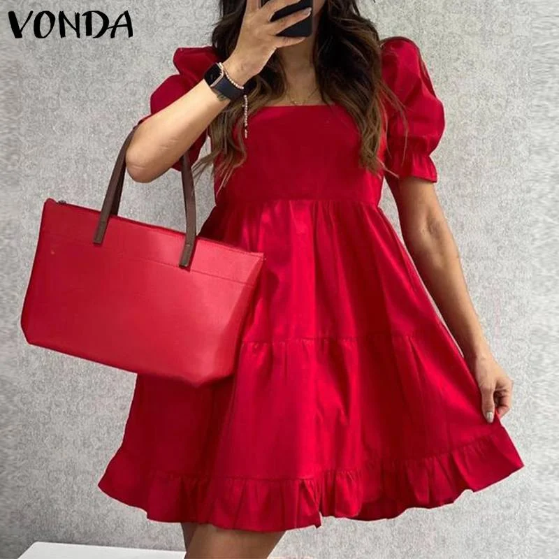 Women Short Sleeve Dress 2022 VONDA Holiday Summer Sundress Party Ruffled Square Collar A-line Mini Dress Vestidos