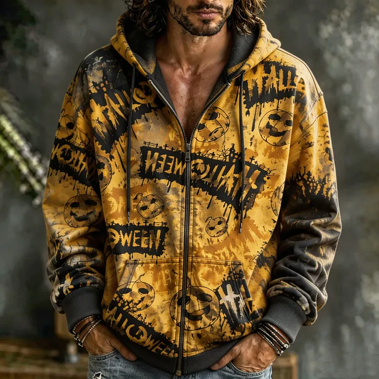 Women's Retro Halloween Yellow And Black Pumpkin Slogan Print Washed Distressed Casual Autumn Hooded Jacket