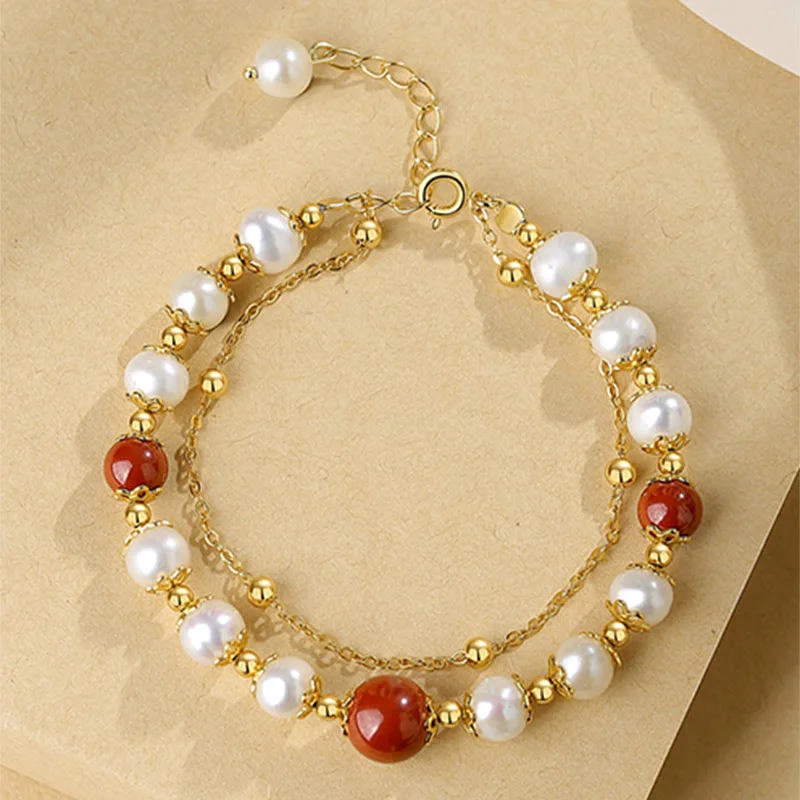 925 Sterling Silver Pearl Cinnabar Wisdom Bead Double Layer Chain Bracelet