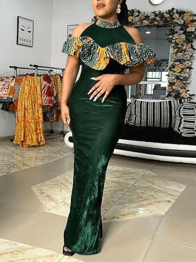 Neosepa-Graceful Mock Neck Cold Sleeve Printed Flounce Army Green Evening Gown