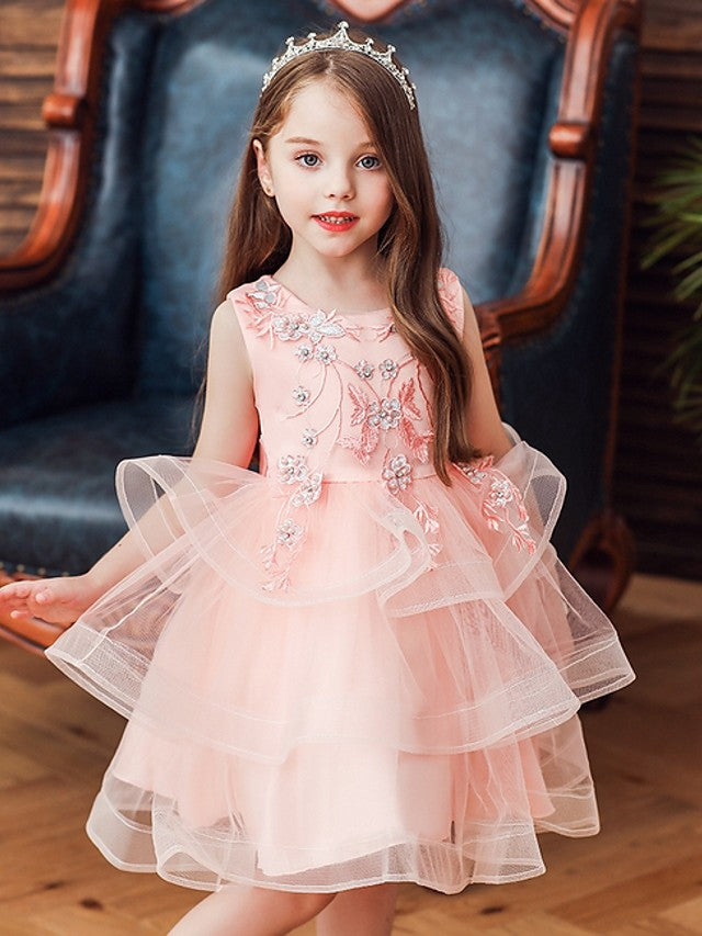 Oknass Ball Gown Sleeveless Jewel Neck Flower Girl Dresses  Satin Tulle  With Bow Beading  Tier