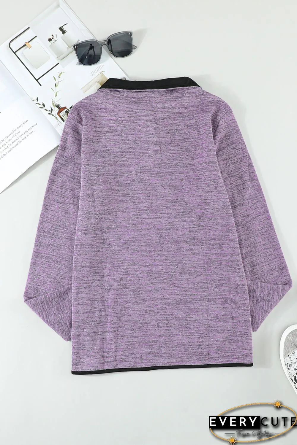Purple Heathered Turn-down Collar Pullover Sweatshirt