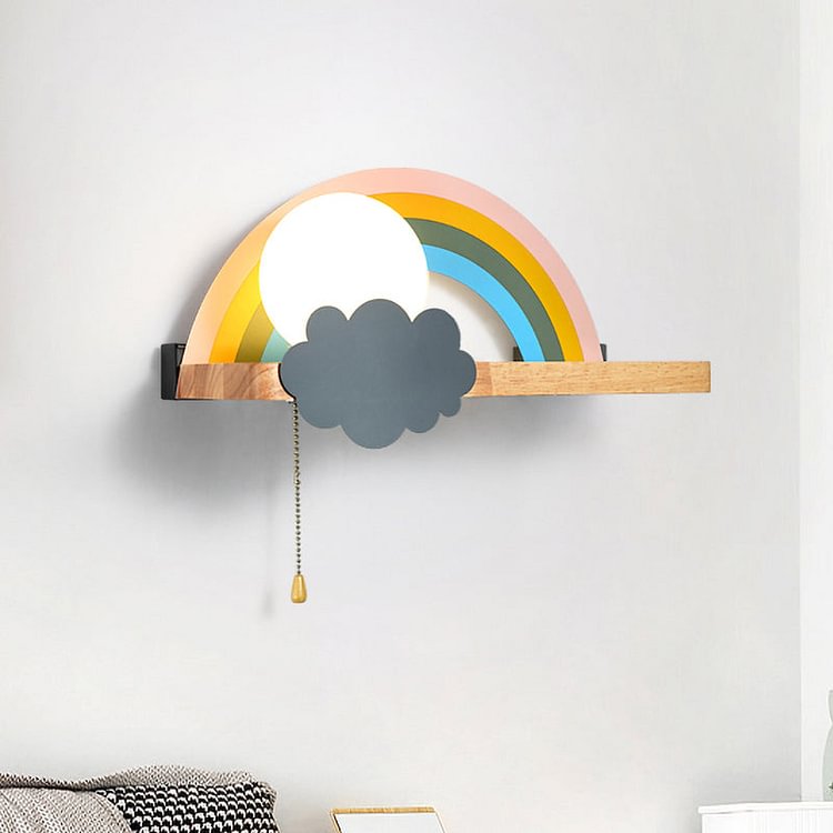 Brown Rainbow and Sun Sconce Light Cartoon 1-Light Metal LED Wall Lamp with Wood Storage Rack and Pull Chain
