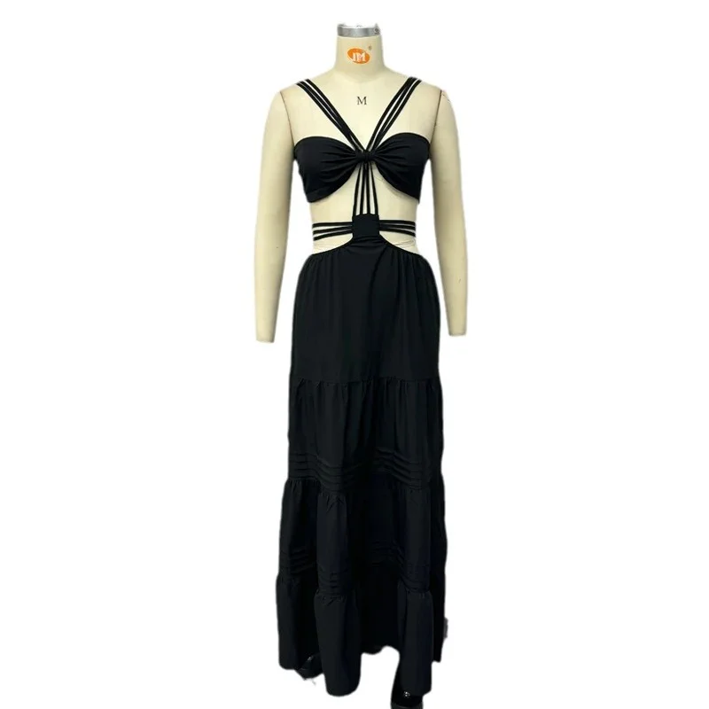 Toloer Toloer Summer New Fashion Sexy Wipe Chest Solid Color Hollow Out Hot Girl Dress-Outfit Ideas