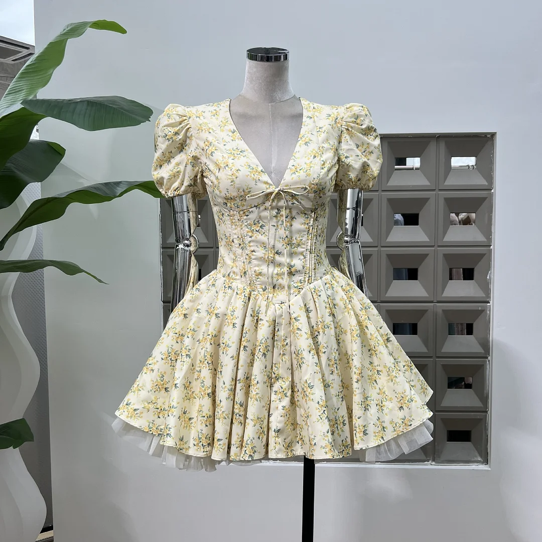 Zingj Gentle Photo Photo Small Beautiful Bow Garden Print V Collar Bubble Short Sleeves To Pick Up The Waist Fluffy Dress Woman