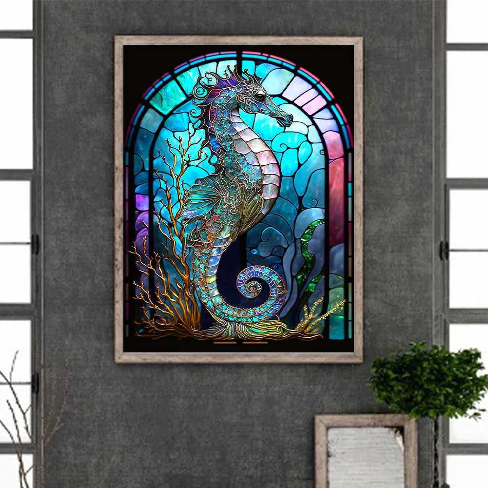Partial AB Diamond Painting - Full Round Drill - Stained Glass Hippocampus(Canvas|35*45cm)