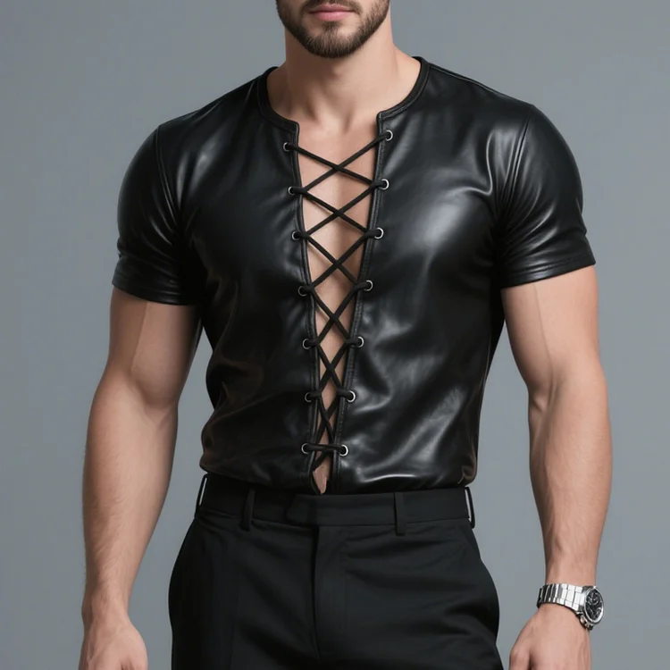Okaywear PU Leather Short Sleeve Lace Up T-Shirt Okaywear