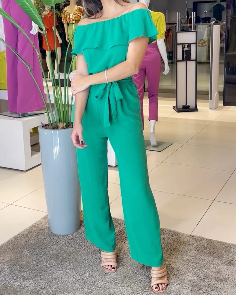 Casual Solid Color One Shoulder Waist Jumpsuit