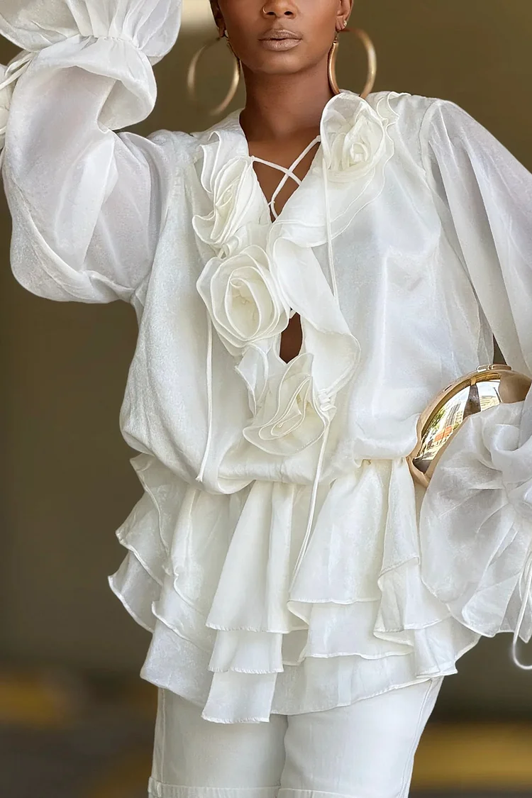 Plus Size Business Casual White V Neck Flare Long Sleeve 3D Elegant Ruffle Chiffon Blouses [Pre-Order] 2024 - Xpluswear