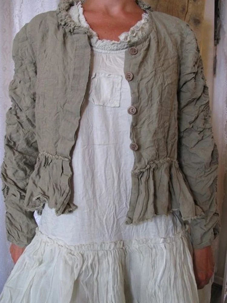 Lässiges Retro-Oberteil aus Baumwolle und Leinen in Volltonfarbe für Damen