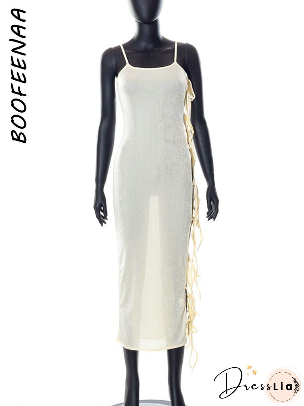 BOOFEENAA Beach Vacation Side Slit Tie Up Maxi Dress Summer OutfitsFor Women Sexy Party Nude Sheer Long Dresses C85-DZ24