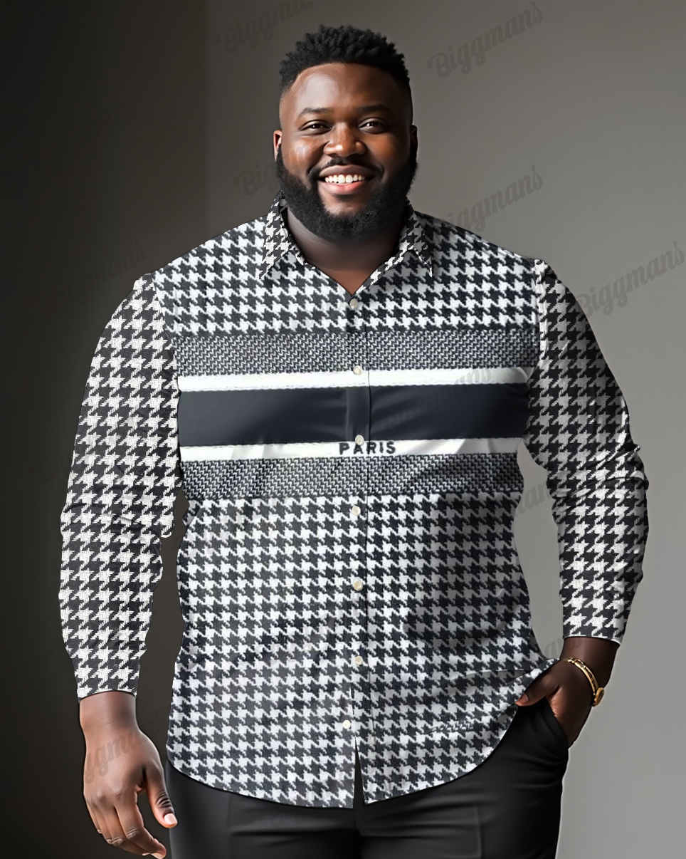 Men's Plus Size Houndstooth Stripes Stitching Casual Long Sleeve Shirt