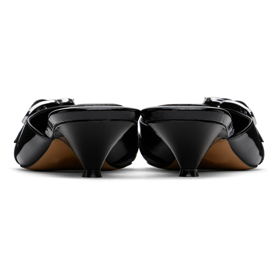 Pointed Toe Kitten Heel Buckle Strap Women's Mules Shoes in Black