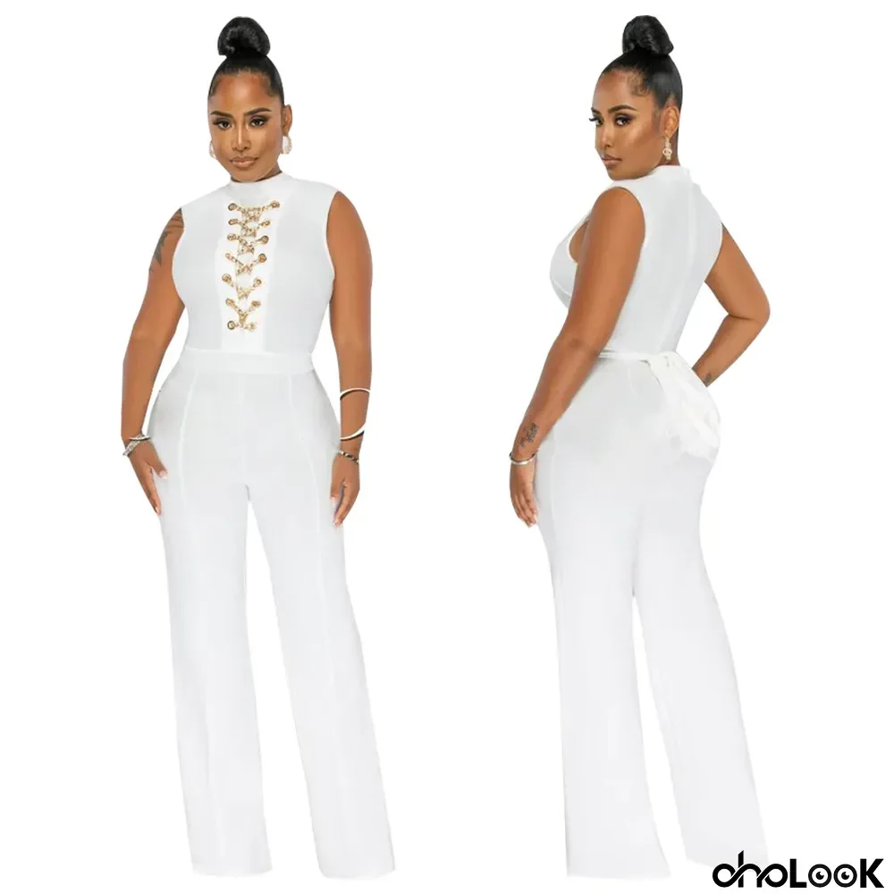 Women'S Sexy Solid Color Sleeveless Stand Collar Round Neck One Piece Jumpsuit