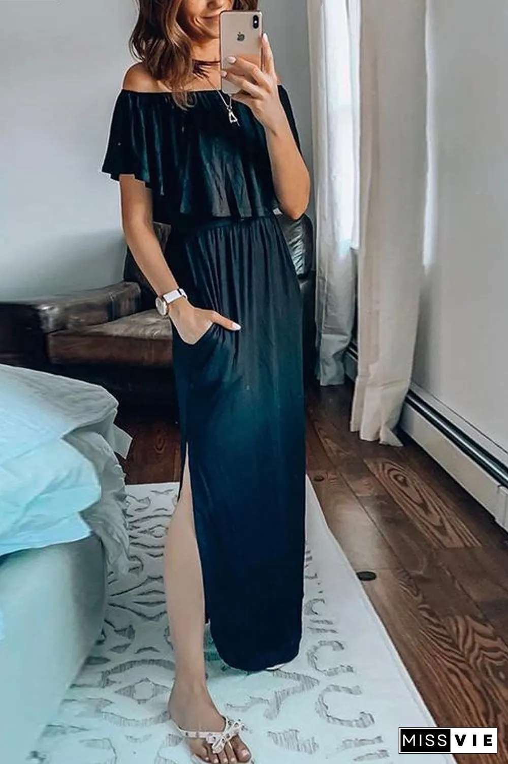 Off Shoulder Side Slit Maxi Dress