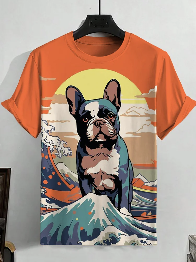 Men's Bulldog Wave Japanese Art Painting Print Casual T-Shirt