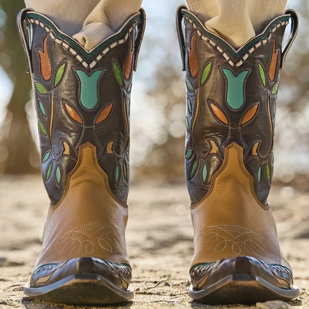 Tan Closed Snip Toe Embroidered Floral Inlay Pull On Western Boots