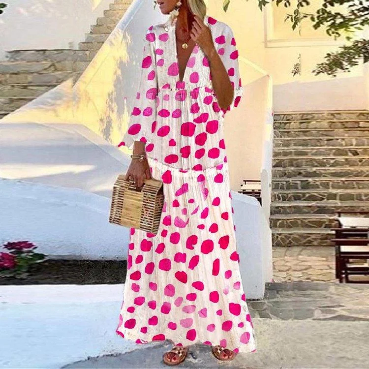 Long Pattern V-Necked Mandarin Sleeve Dress