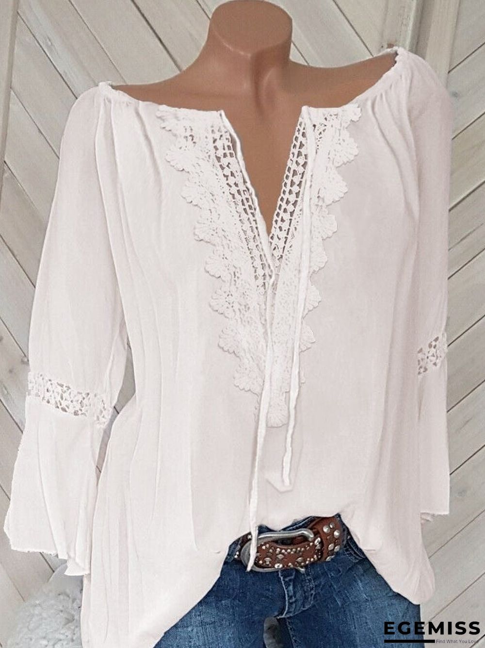 5XL Plus Size Women Casual Blouse Tops V Neck 3/4 Sleeve Loose Lace Blouse | EGEMISS