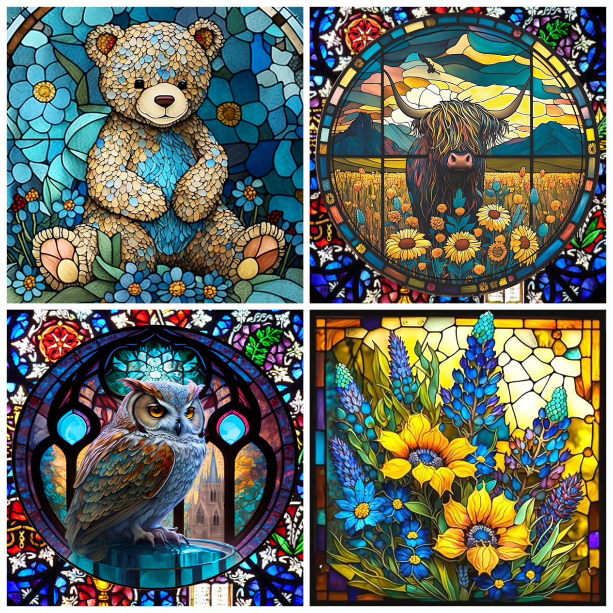 4Pcs Diamond Painting - Full Round - Stained Glass Animal(30*30cm)