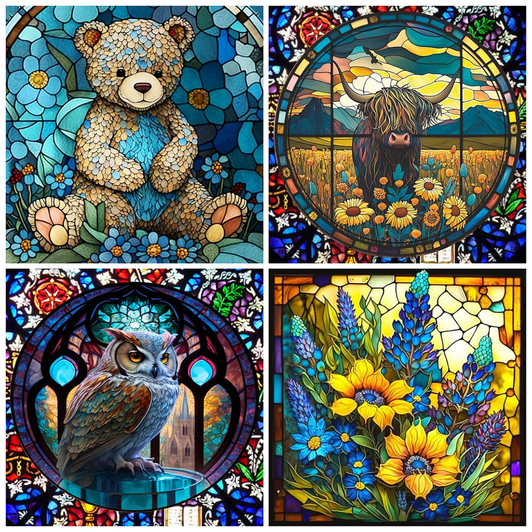4pcs Diamond Painting - Full Round Drill - Stained Glass Animal(Canvas|30*30cm)