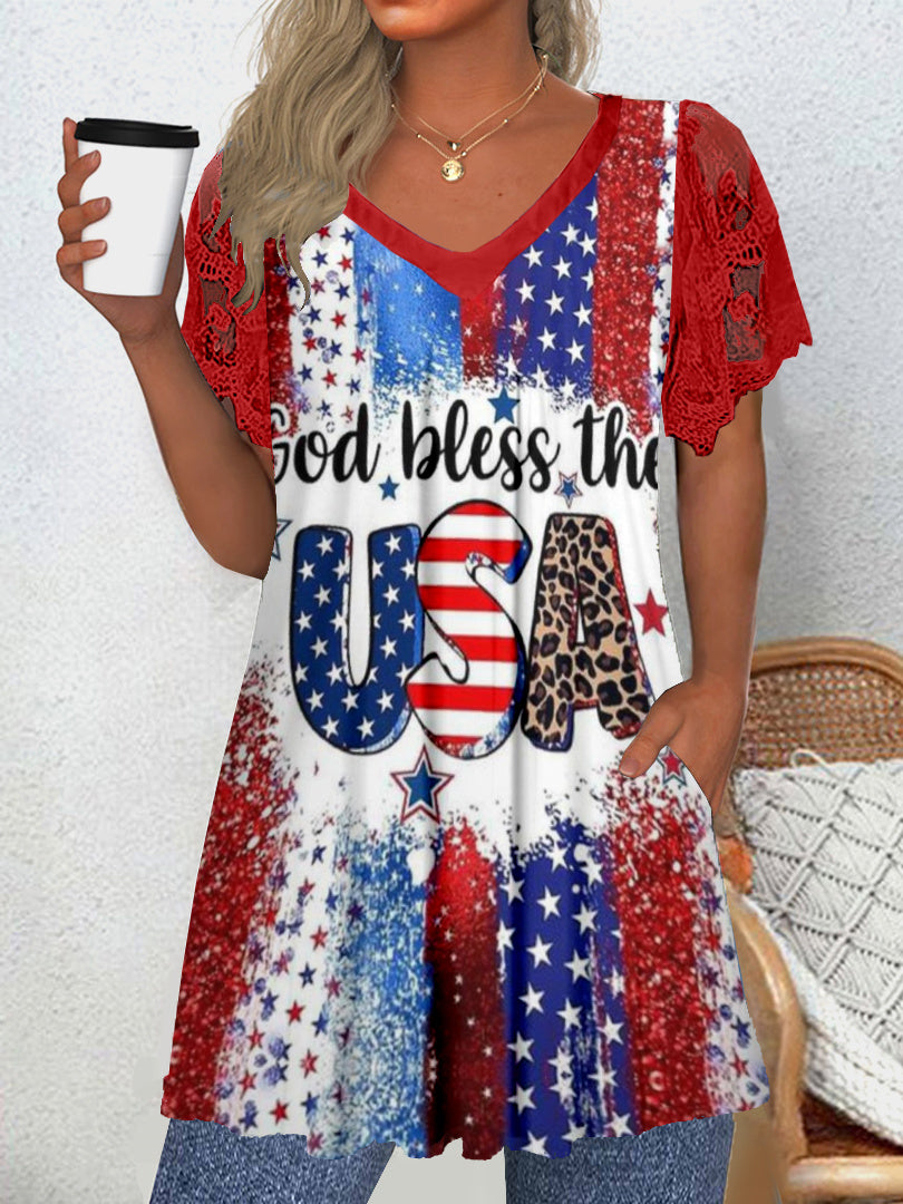 Women's Short Sleeve V-neck Graphic Lace Pockets Tops