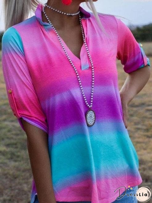 Tie-dye Mid-sleeved V Neck Lapel T-shirt for Women