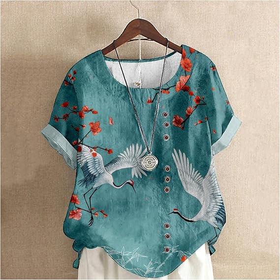 Women'S Elegant Flower and Crane Pattern Cotton And Linen Short Sleeve Top