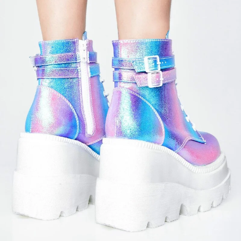 Fashion High Platform Women Boots Wedges Lace Up Ankle Boots Thick Bottom Mixed Color 2020 Autumn Female Shoes