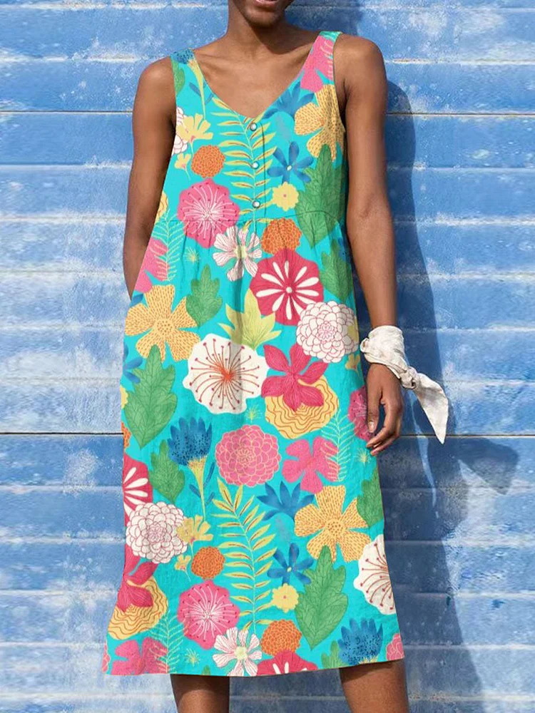 Women's Beautiful Colorful Large Flower Painting Art Print Sleeveless Cotton And Linen Dress