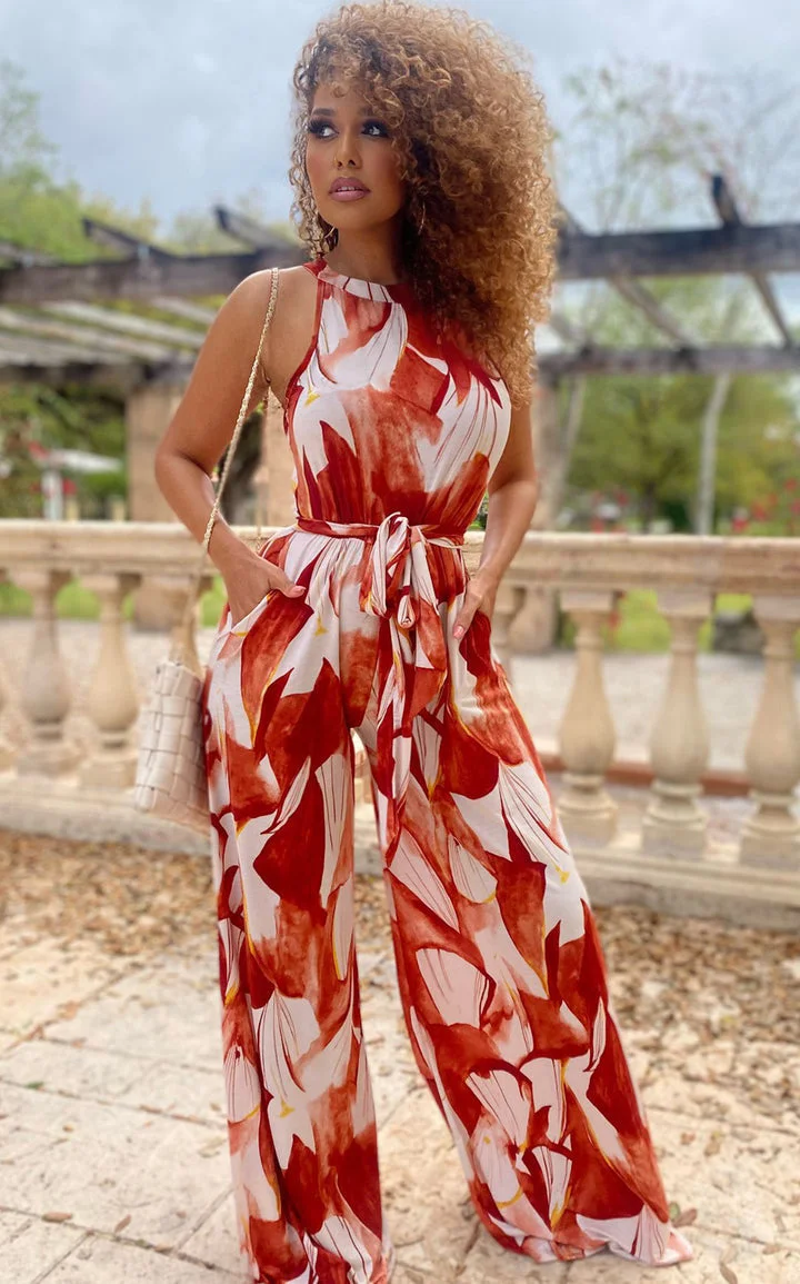 Sleeveless Wide Leg Printed Jumpsuit