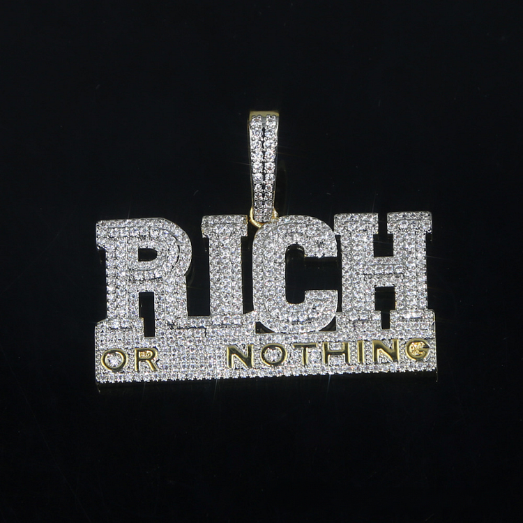 Iced Out Letter Rich Or Nothing Pendant Two Tone Necklace-VESSFUL