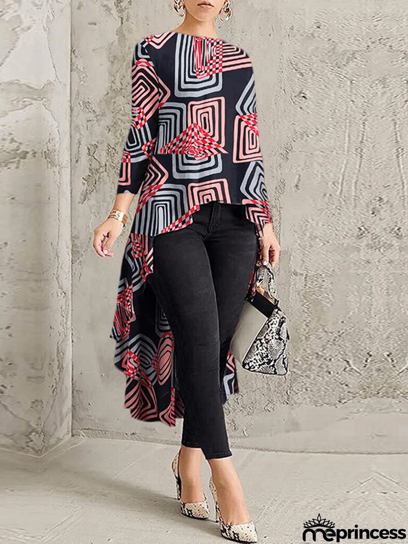 Geometric Printed Irregular Hem O-Neck Casual Long Sleeve Blouse for Women