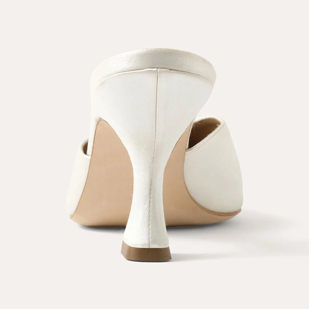 Elegant Ivory Satin Pointed Toe Flared Heel Mule Shoes for Women