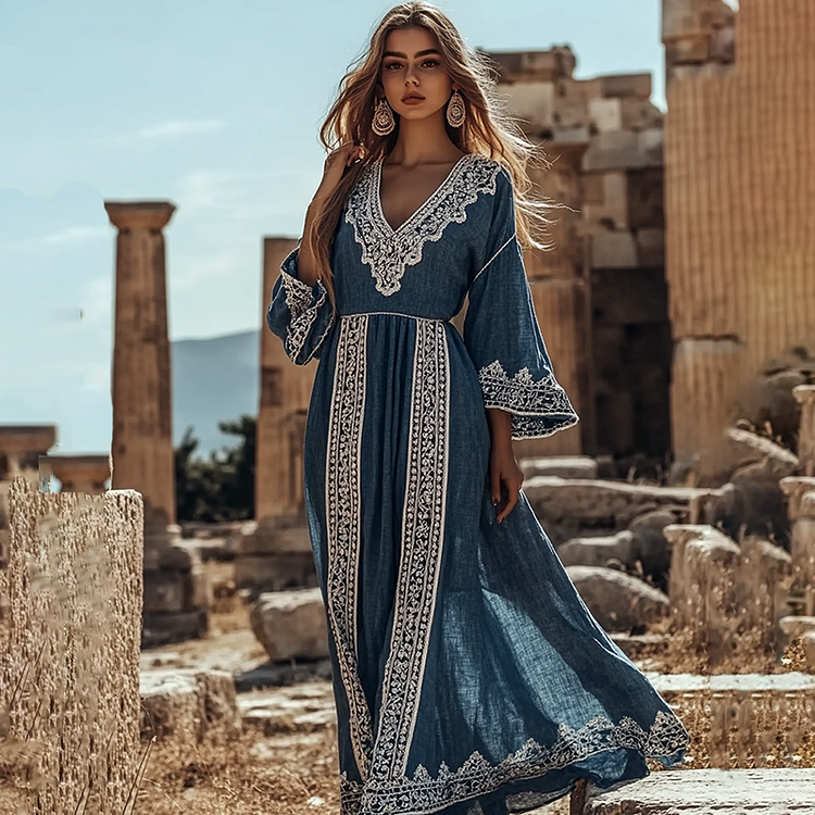 Utbros Vintage Greek-inspired V Neck Linen Blend Maxi Dress