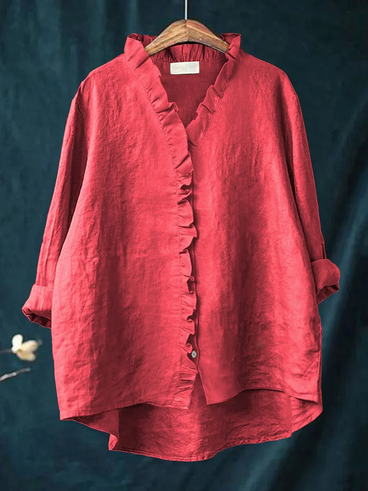 Women's Casual Cotton And Linen Ruffle Shirt socialshop