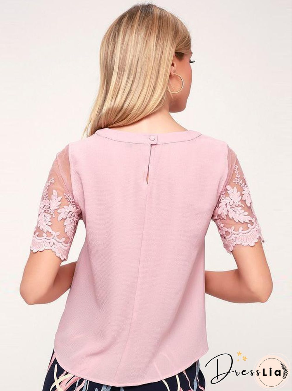 Pink Short Sleeve Floral Embroidered Office Lace Top
