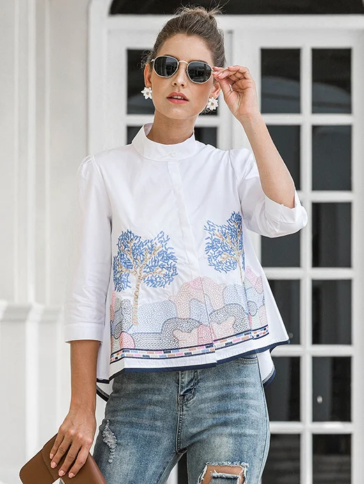 Casual Three-Quarter Sleeves Loose Embroidered Stand Collar Blouses&Shirts Tops