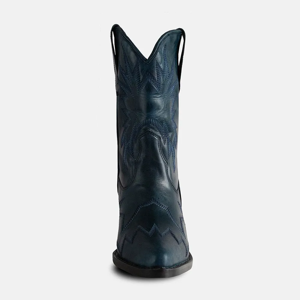 Navy Faux Leather Pointed Toe Chunky Heel Embroidered Cowgirl Boots 