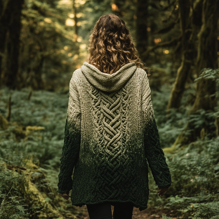Women's Gradient Celtic Knot Retro Chunky Knit Hooded Cardigan