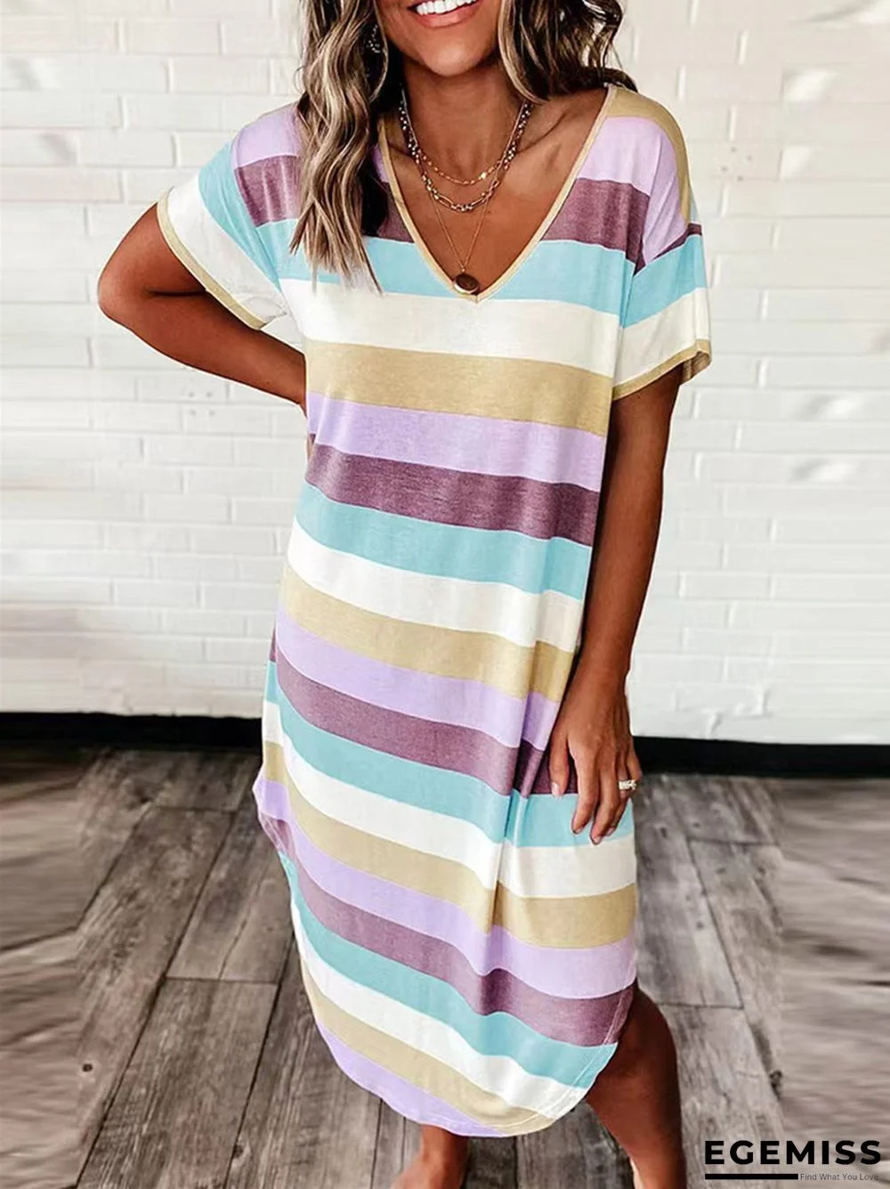 Loose Striped Printed Short Sleeved Jumpsuit Dress | EGEMISS