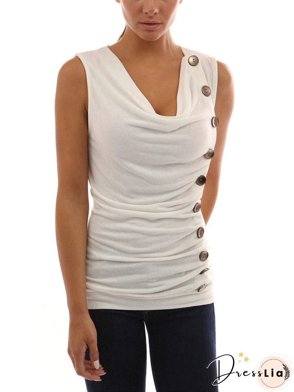 Round Neck Sleeveless Buttons Top T-Shirt